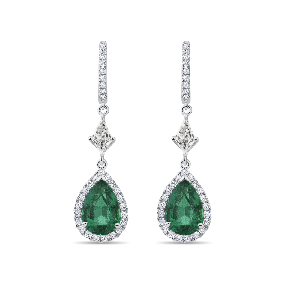Pear Cut Emerald and Diamond Drop Earrings in 18ct White Gold Hardy Brothers Jewellers