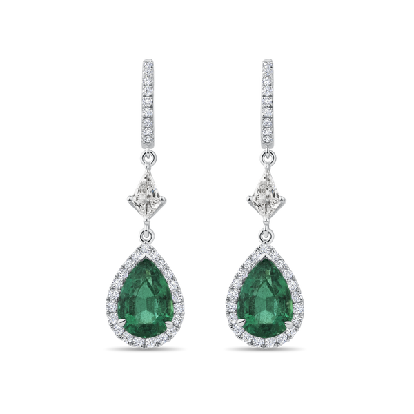 Pear Cut Emerald and Diamond Drop Earrings in 18ct White Gold Hardy Brothers Jewellers