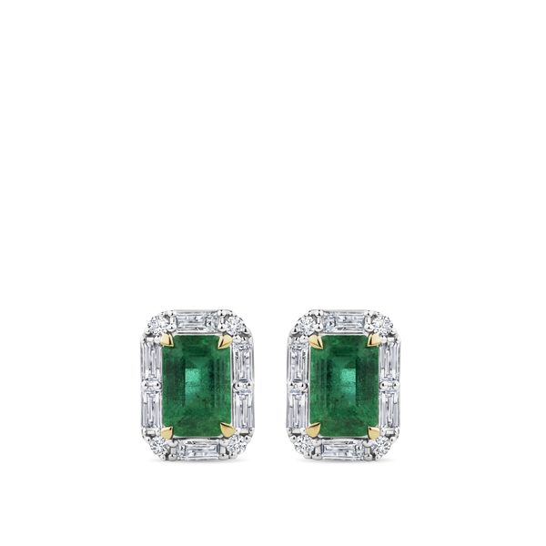 Emerald and Alternating Diamond Stud Earrings in 18ct Yellow and White Gold Hardy Brothers Jewellers