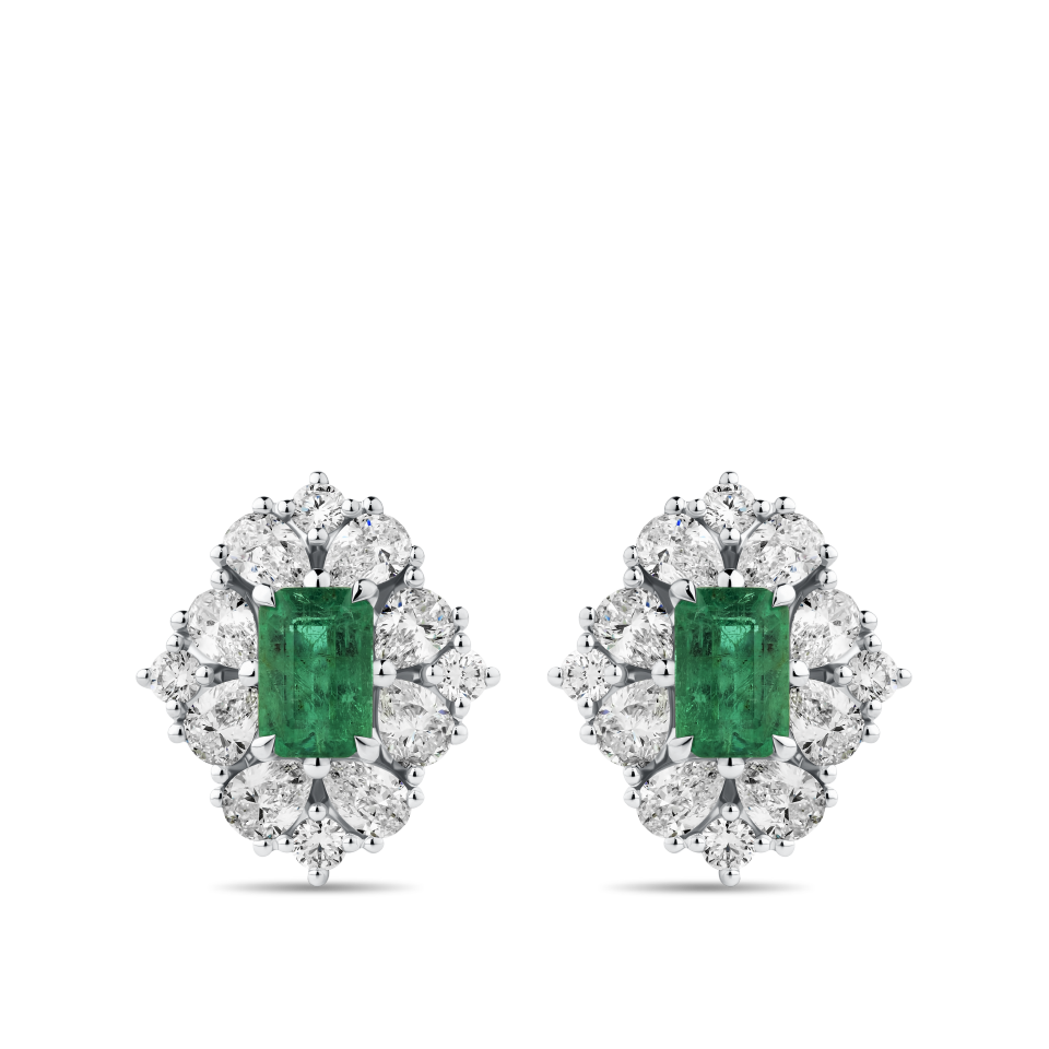 Emerald and Diamond Halo Earrings in 18ct White Gold Hardy Brothers Jewellers
