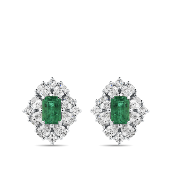 Emerald and Diamond Halo Earrings in 18ct White Gold Hardy Brothers Jewellers