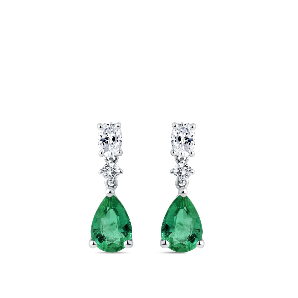 Pear Cut Emerald and Diamond Drop Earrings in 18ct White Gold Hardy Brothers Jewellers