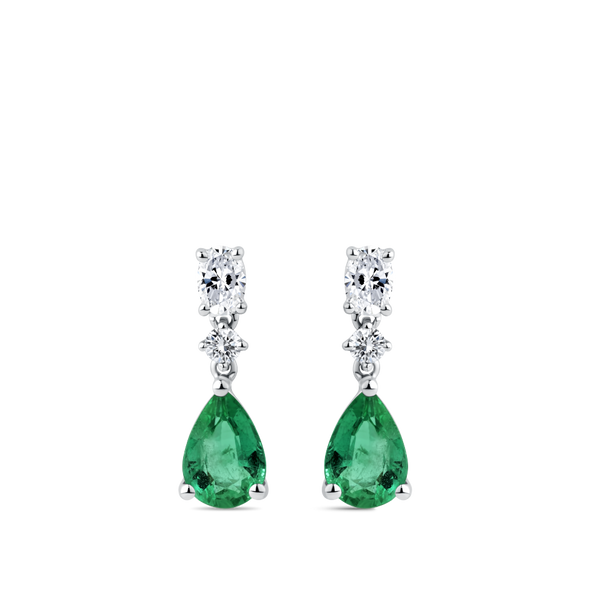 Pear Cut Emerald and Diamond Drop Earrings in 18ct White Gold Hardy Brothers Jewellers