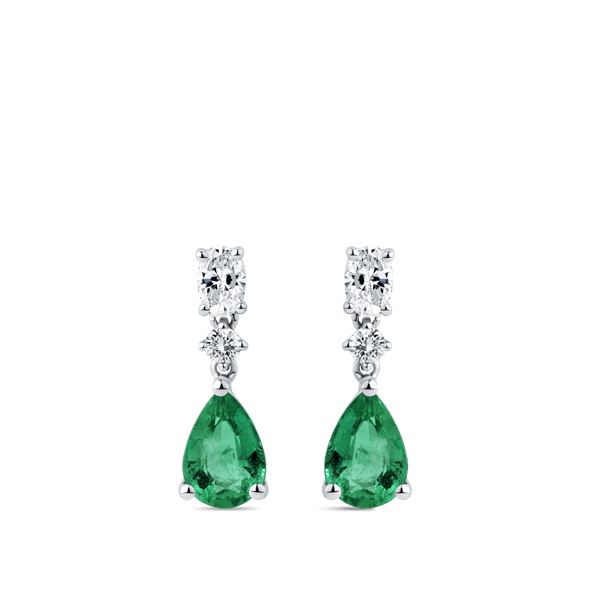 Dubaigems Pear Cut Green Emerald & Created Diamond Droplet Earrings - White Gold Finish