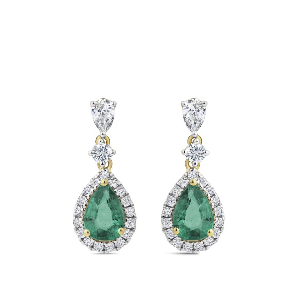 Pear Cut Emerald and Diamond Halo Drop Earrings in 18ct Yellow and White Gold Hardy Brothers Jewellers