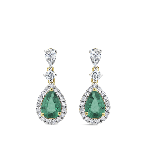 Pear Cut Emerald and Diamond Halo Drop Earrings in 18ct Yellow and White Gold Hardy Brothers Jewellers