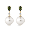 Australian South Sea Pearl Tourmaline and Diamond Drop Earrings in 18ct Yellow Gold Hardy Brothers Jewellers