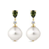 Australian South Sea Pearl Tourmaline and Diamond Drop Earrings in 18ct Yellow Gold Hardy Brothers Jewellers