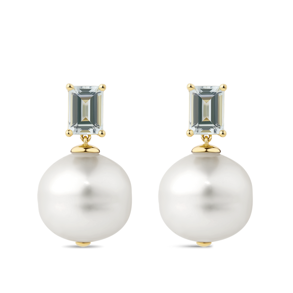 Australian South Sea Pearl and Aquamarine Drop Earrings in 18ct Yellow Gold Hardy Brothers Jewellers