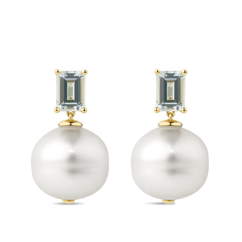 Australian South Sea Pearl and Aquamarine Drop Earrings in 18ct Yellow Gold Hardy Brothers Jewellers