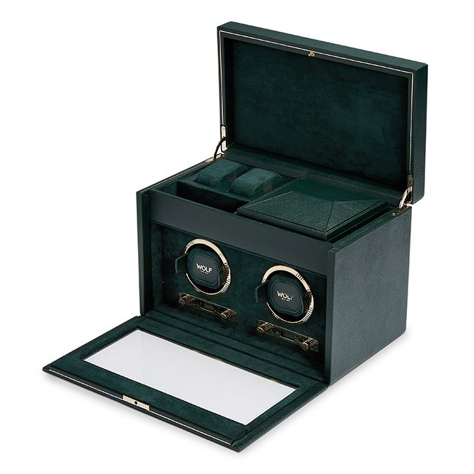 Leather Wolf 1834 British Racing Green Double Watch Winder with Storage Hardy Brothers Jewellers