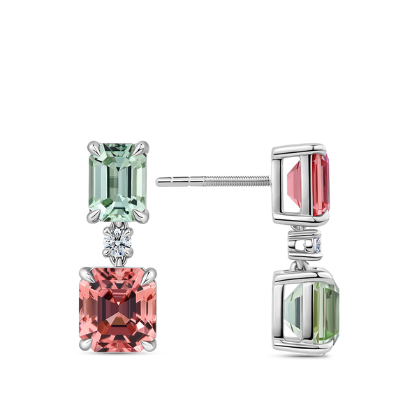 Alternating Pink and Mint Tourmaline and Diamond Drop Earrings in 18ct White Gold Hardy Brothers Jewellers