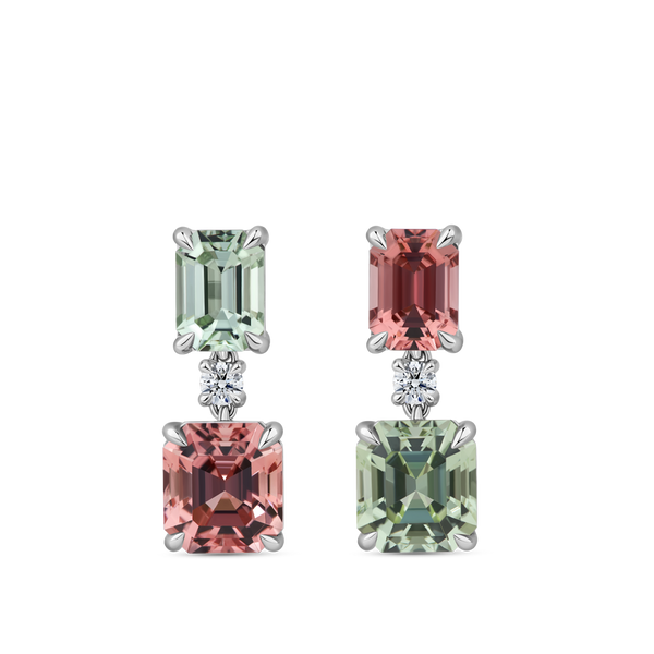 Alternating Pink and Mint Tourmaline and Diamond Drop Earrings in 18ct White Gold Hardy Brothers Jewellers