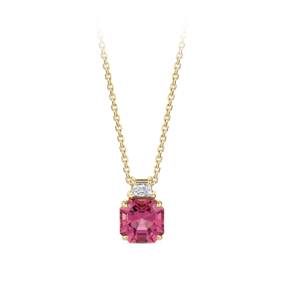 Asscher Cut Raspberry Tourmaline and Diamond Pendant in 18ct Yellow Gold Hardy Brothers Jewellers