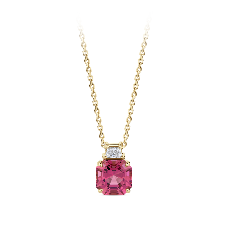 Asscher Cut Raspberry Tourmaline and Diamond Pendant in 18ct Yellow Gold Hardy Brothers Jewellers