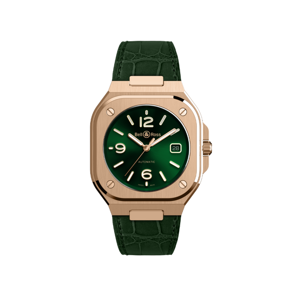 Bell & Ross BR 05 Green & Gold Watch on Alligator Strap Hardy Brothers Jewellers