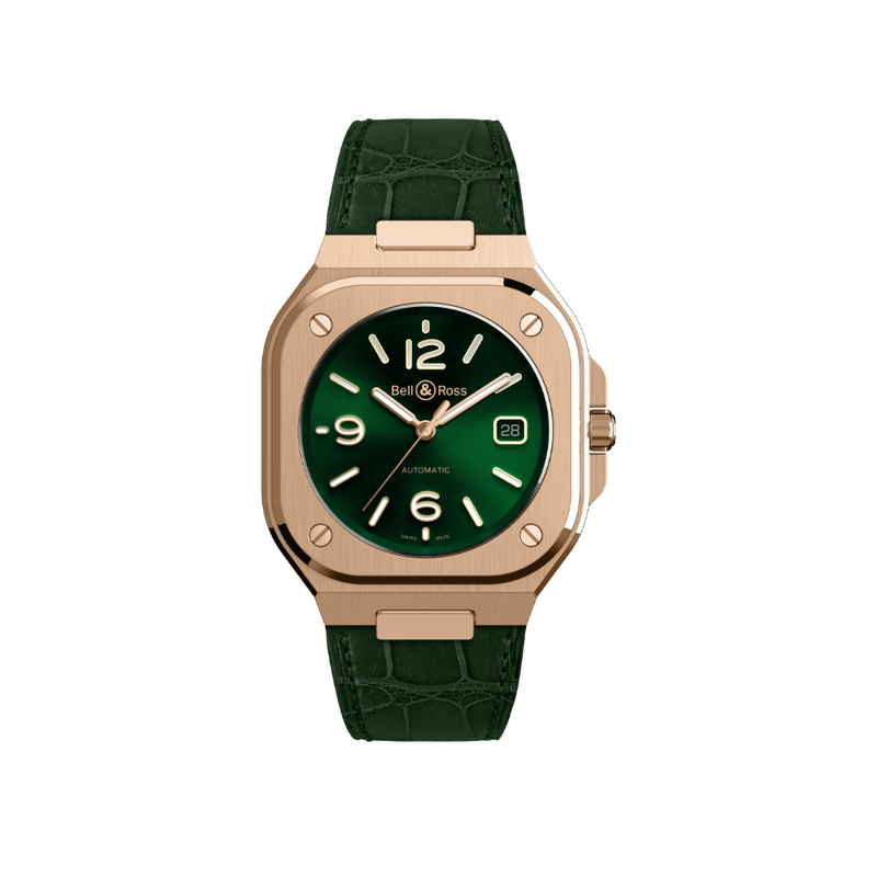 Bell & Ross BR 05 Green & Gold Watch on Alligator Strap Hardy Brothers Jewellers