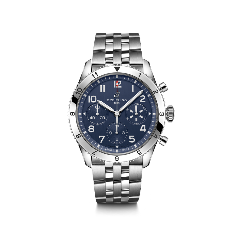 Breitling Classic AVI Chronograph 42 Tribute to Vought F4U Corsair Steel Bracelet Watch A233801A1C1A1 Hardy Brothers Jewellers