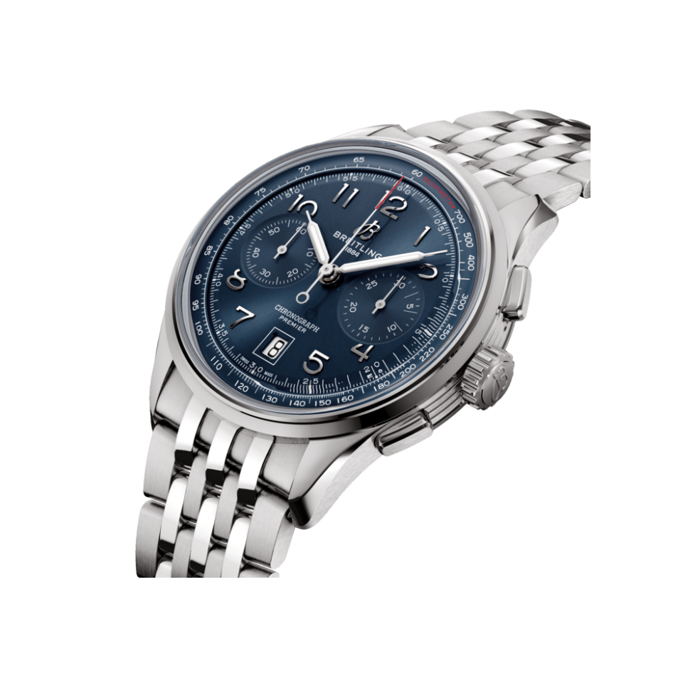 Watch Breitling Premier B01 Chronograph 42 Blue Dial Stainless Steel Bracelet Hardy Brothers Jewellers