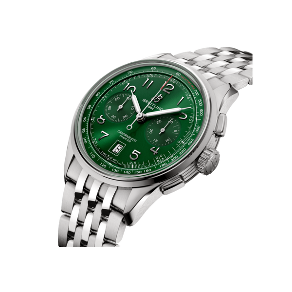 Watch Breitling Premier B01 Chronograph 42 Green Dial Stainless Steel Bracelet Hardy Brothers Jewellers