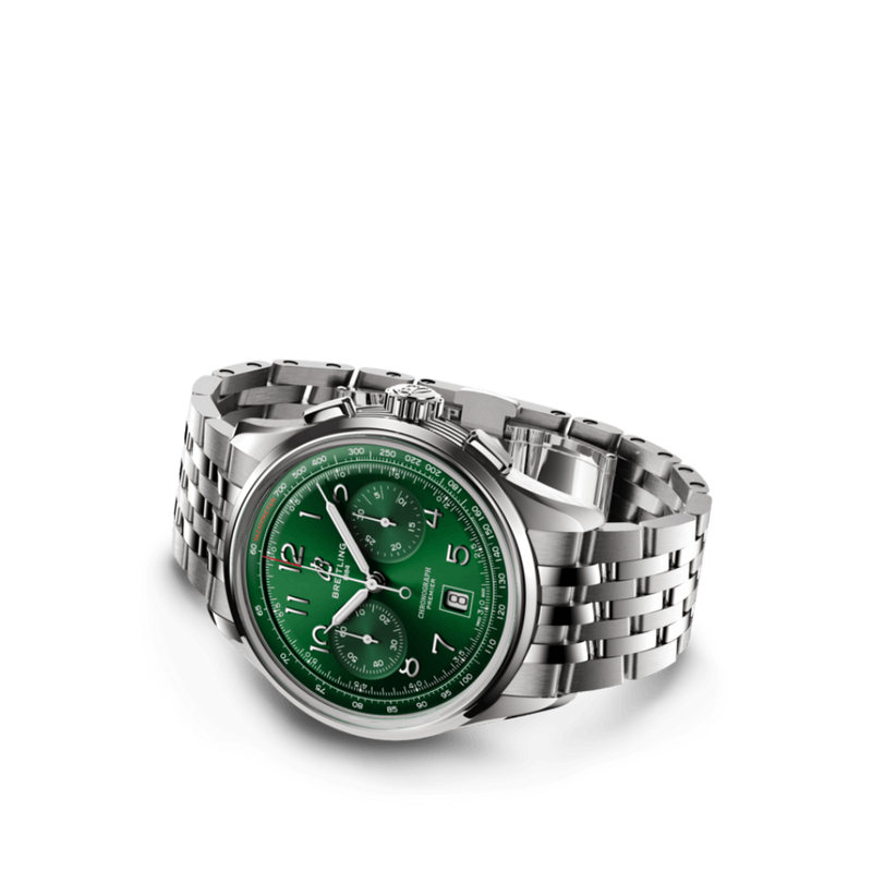 Watch Breitling Premier B01 Chronograph 42 Green Dial Stainless Steel Bracelet Hardy Brothers Jewellers
