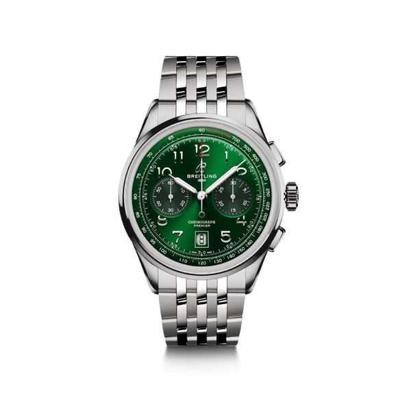 Watch Breitling Premier B01 Chronograph 42 Green Dial Stainless Steel Bracelet Hardy Brothers Jewellers