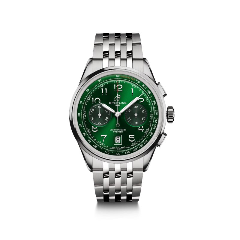 Watch Breitling Premier B01 Chronograph 42 Green Dial Stainless Steel Bracelet Hardy Brothers Jewellers