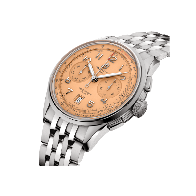 Watch Breitling Premier B01 Chronograph 42 Salmon Dial Stainless Steel Bracelet Hardy Brothers Jewellers