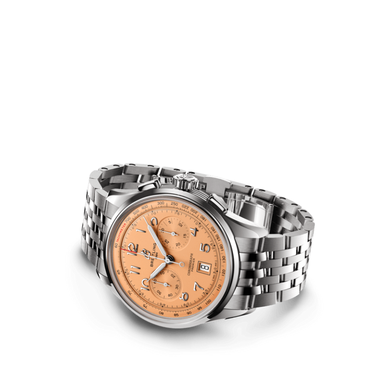 Watch Breitling Premier B01 Chronograph 42 Salmon Dial Stainless Steel Bracelet Hardy Brothers Jewellers