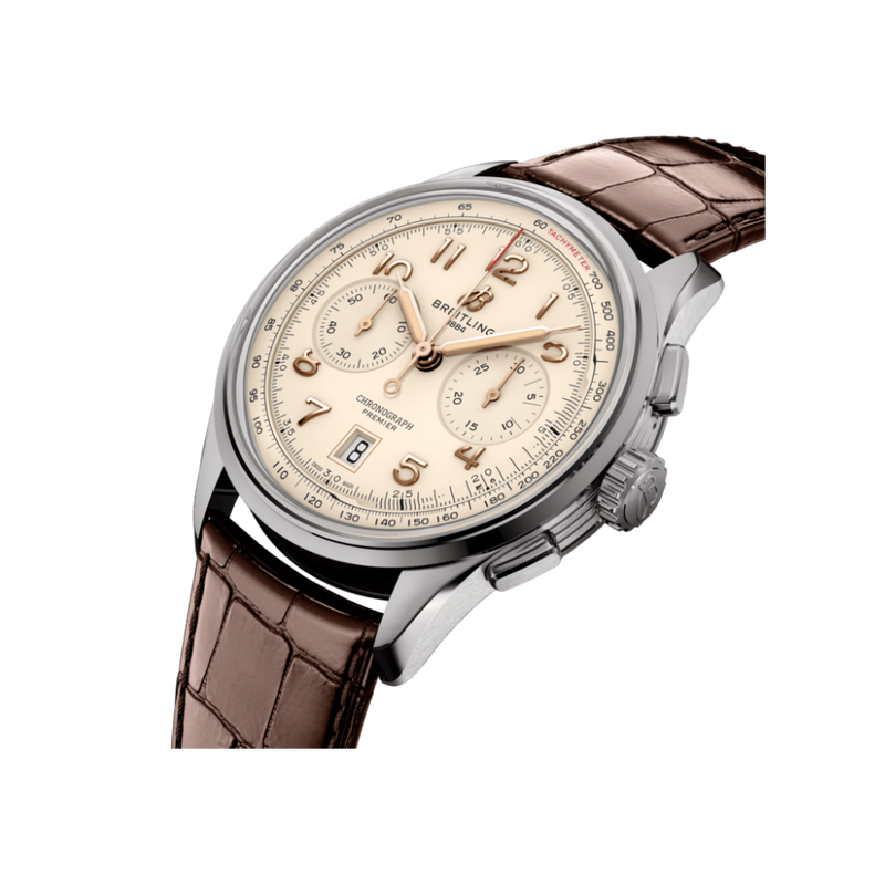 Watch Breitling Premier B01 Chronograph 42 Silver Dial Stainless Steel Alligator Strap Hardy Brothers Jewellers