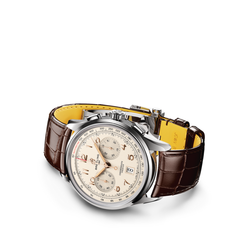 Watch Breitling Premier B01 Chronograph 42 Silver Dial Stainless Steel Alligator Strap Hardy Brothers Jewellers