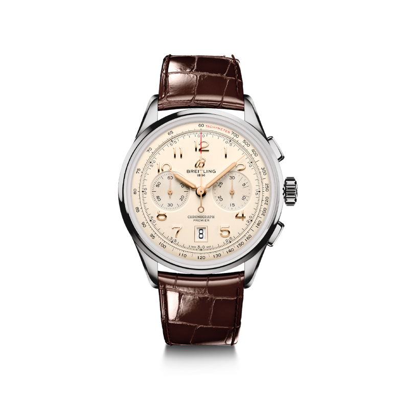 Watch Breitling Premier B01 Chronograph 42 Silver Dial Stainless Steel Alligator Strap Hardy Brothers Jewellers