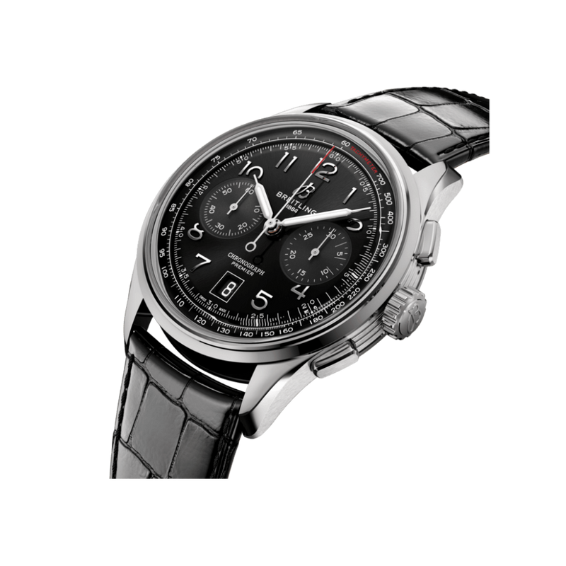 Watch Breitling Premier B01 Chronograph 42 Black Dial Stainless Steel Alligator Strap Hardy Brothers Jewellers