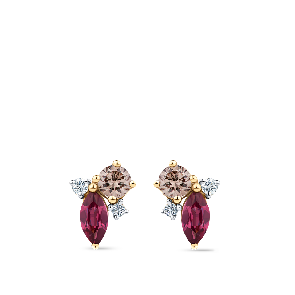Fancy Cut Champagne and White Diamond and Rhodalite Garnet Stud Earrings made in 18ct Yellow Gold Hardy Brothers Jewellers