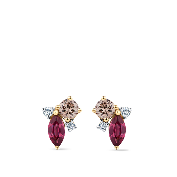 Fancy Cut Champagne and White Diamond and Rhodalite Garnet Stud Earrings made in 18ct Yellow Gold Hardy Brothers Jewellers