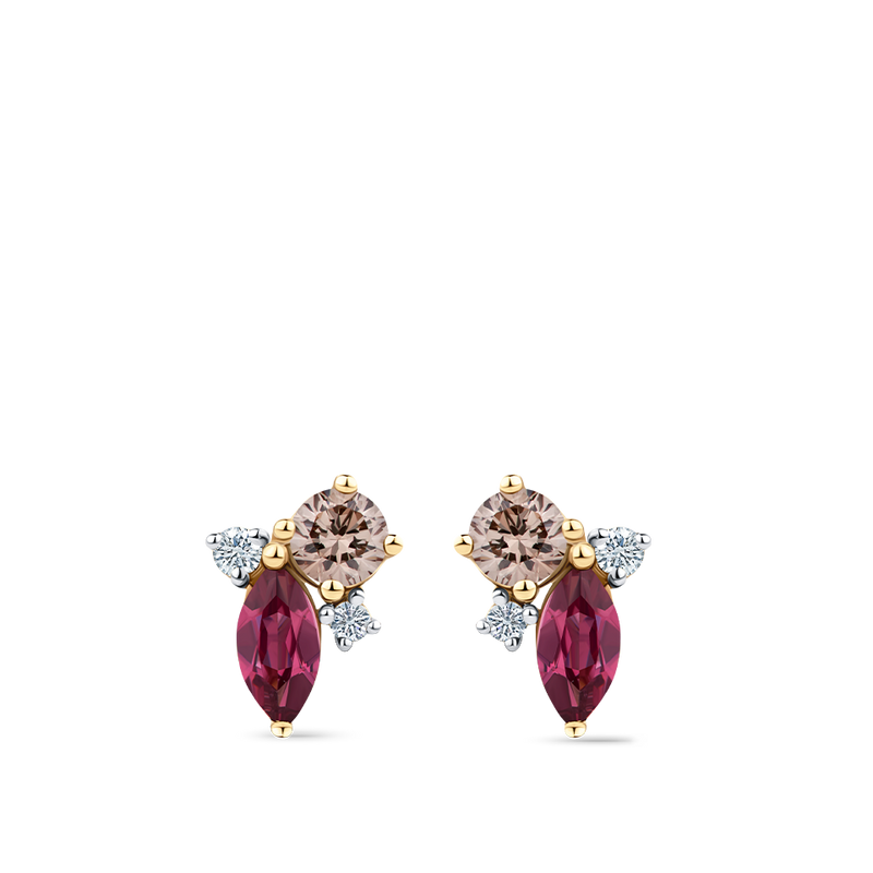 Fancy Cut Champagne and White Diamond and Rhodolite Garnet Stud