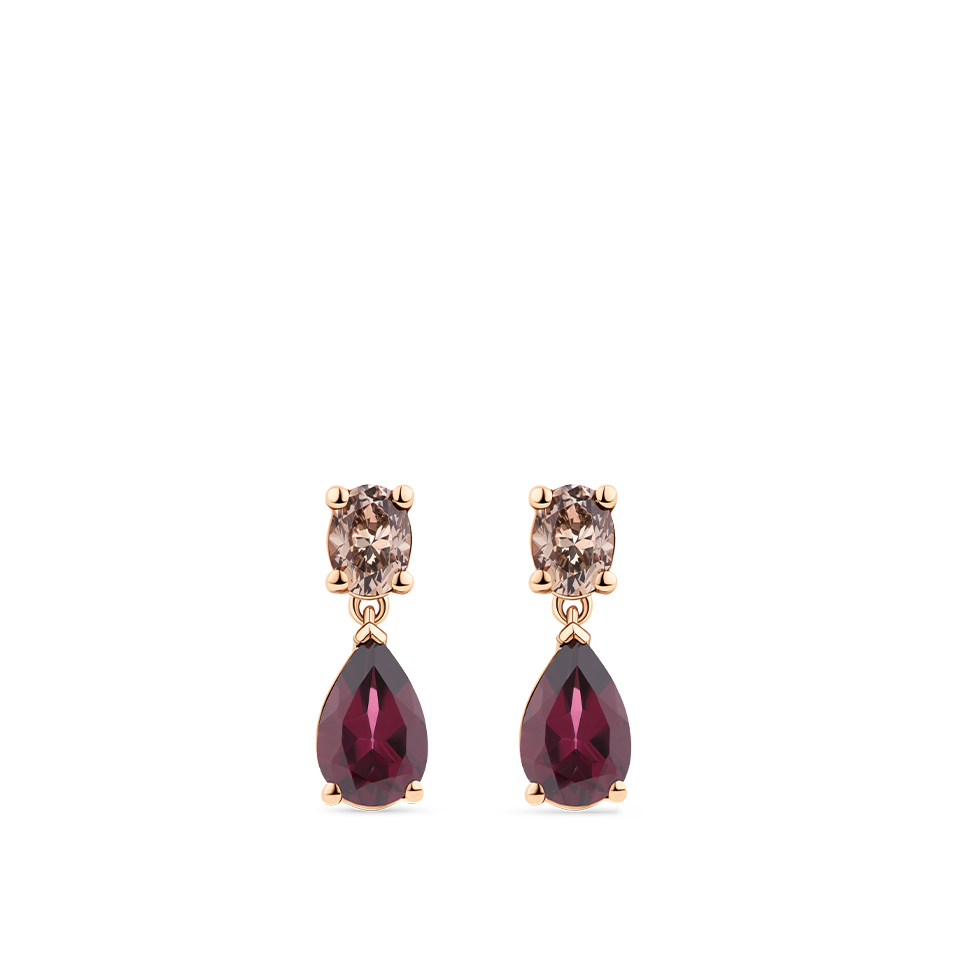 Fancy Cut Champagne Diamond and Pear Cut Rhodalite Garnet Drop Earrings made in 18ct Rose Gold Hardy Brothers Jewellers