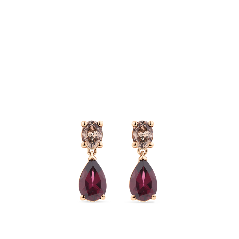 Fancy Cut Champagne Diamond and Pear Cut Rhodalite Garnet Drop Earrings made in 18ct Rose Gold Hardy Brothers Jewellers