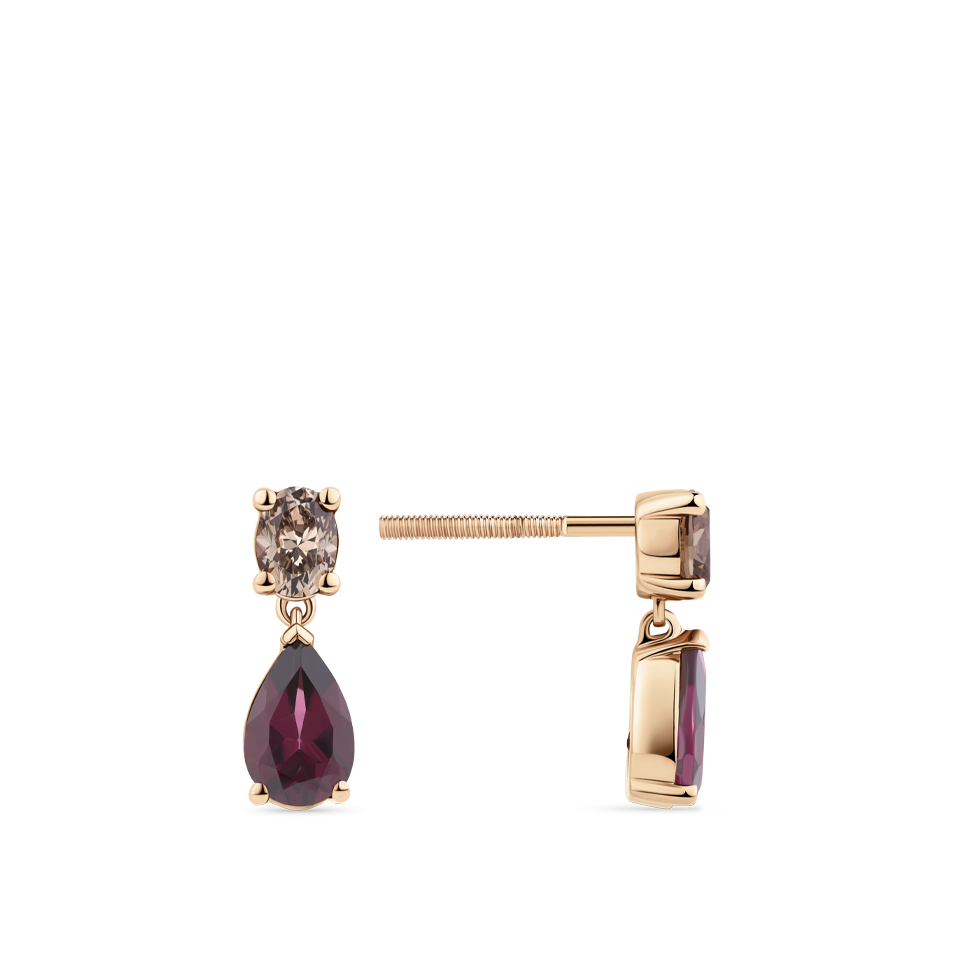 Fancy Cut Champagne Diamond and Pear Cut Rhodalite Garnet Drop Earrings made in 18ct Rose Gold Hardy Brothers Jewellers