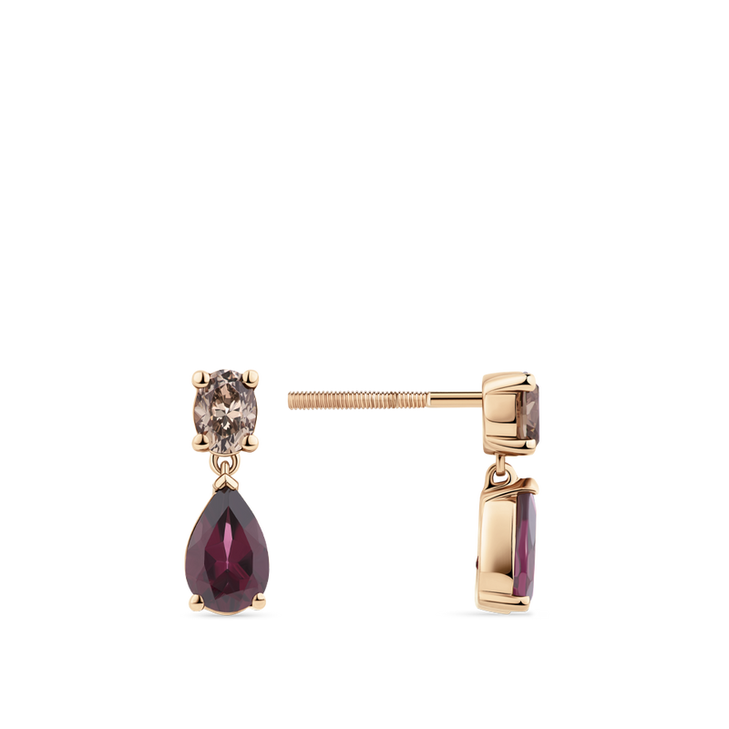 Fancy Cut Champagne Diamond and Rhodolite Garnet Drop Earrings in