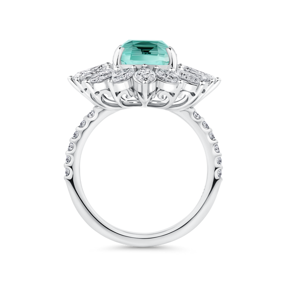 Cushion Cut Neon Blue Tourmaline and Diamond Halo Ring in 18ct White Gold Hardy Brothers Jewellers