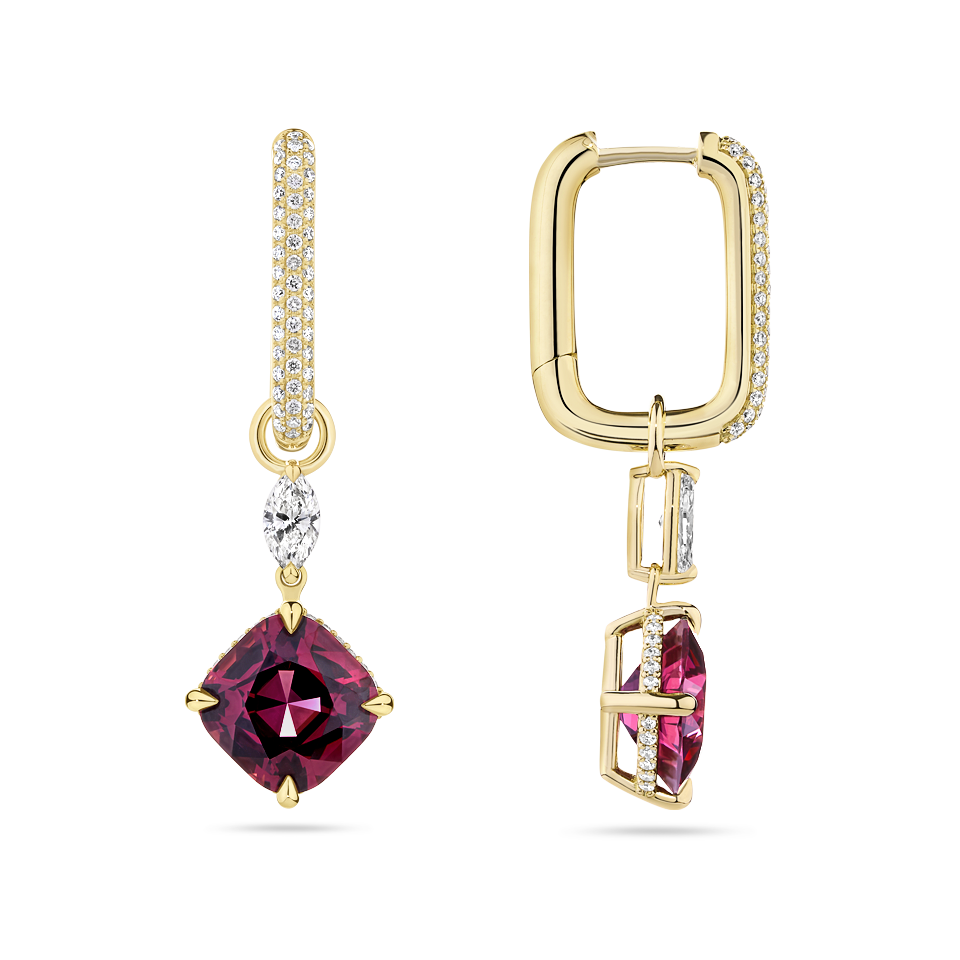 Cushion Cut Rhodalite Garnet and Diamond Drop Earrings made in 18ct Yellow Gold Hardy Brothers Jewellers