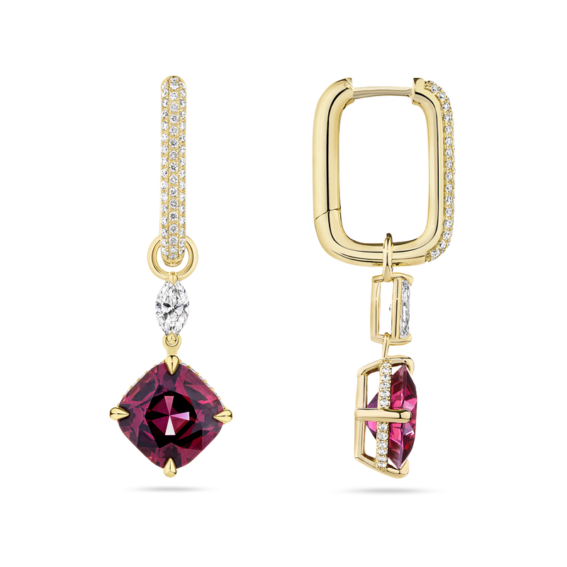 Cushion Cut Rhodalite Garnet and Diamond Drop Earrings made in 18ct Yellow Gold Hardy Brothers Jewellers