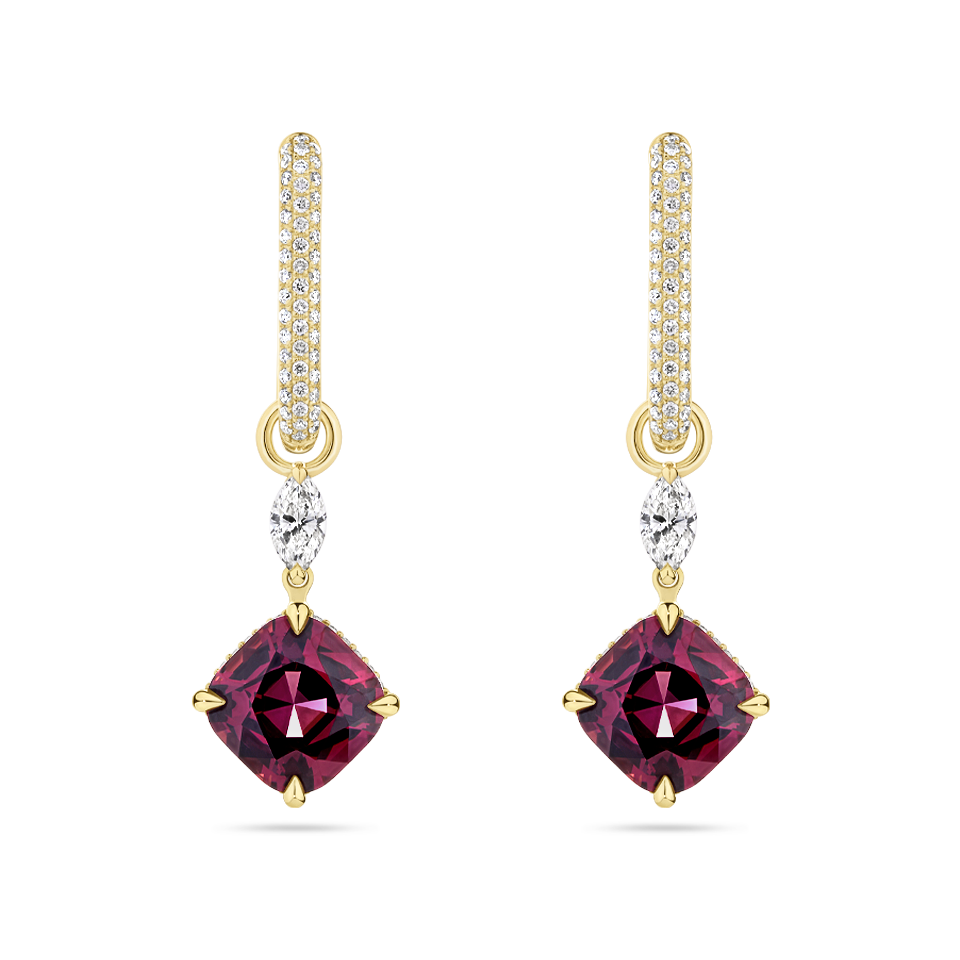Cushion Cut Rhodalite Garnet and Diamond Drop Earrings made in 18ct Yellow Gold Hardy Brothers Jewellers