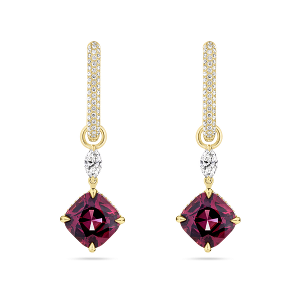 Cushion Cut Rhodalite Garnet and Diamond Drop Earrings made in 18ct Yellow Gold Hardy Brothers Jewellers