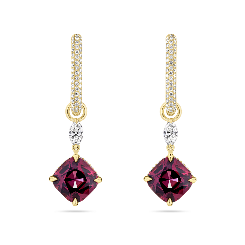 Cushion Cut Rhodalite Garnet and Diamond Drop Earrings made in 18ct Yellow Gold Hardy Brothers Jewellers