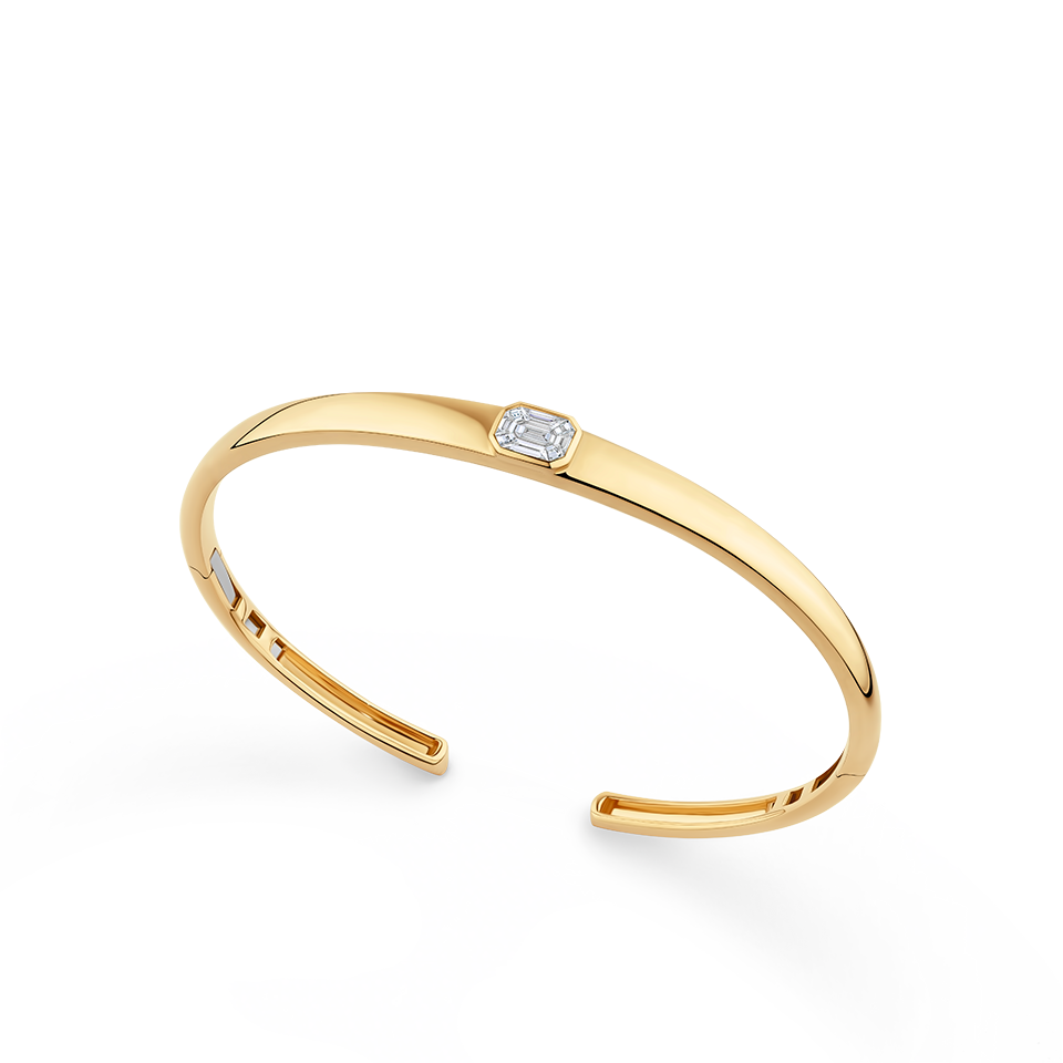 Multi-set Emerald Shape Diamond Cuff made in 18ct Yellow Gold Hardy Brothers Jewellers
