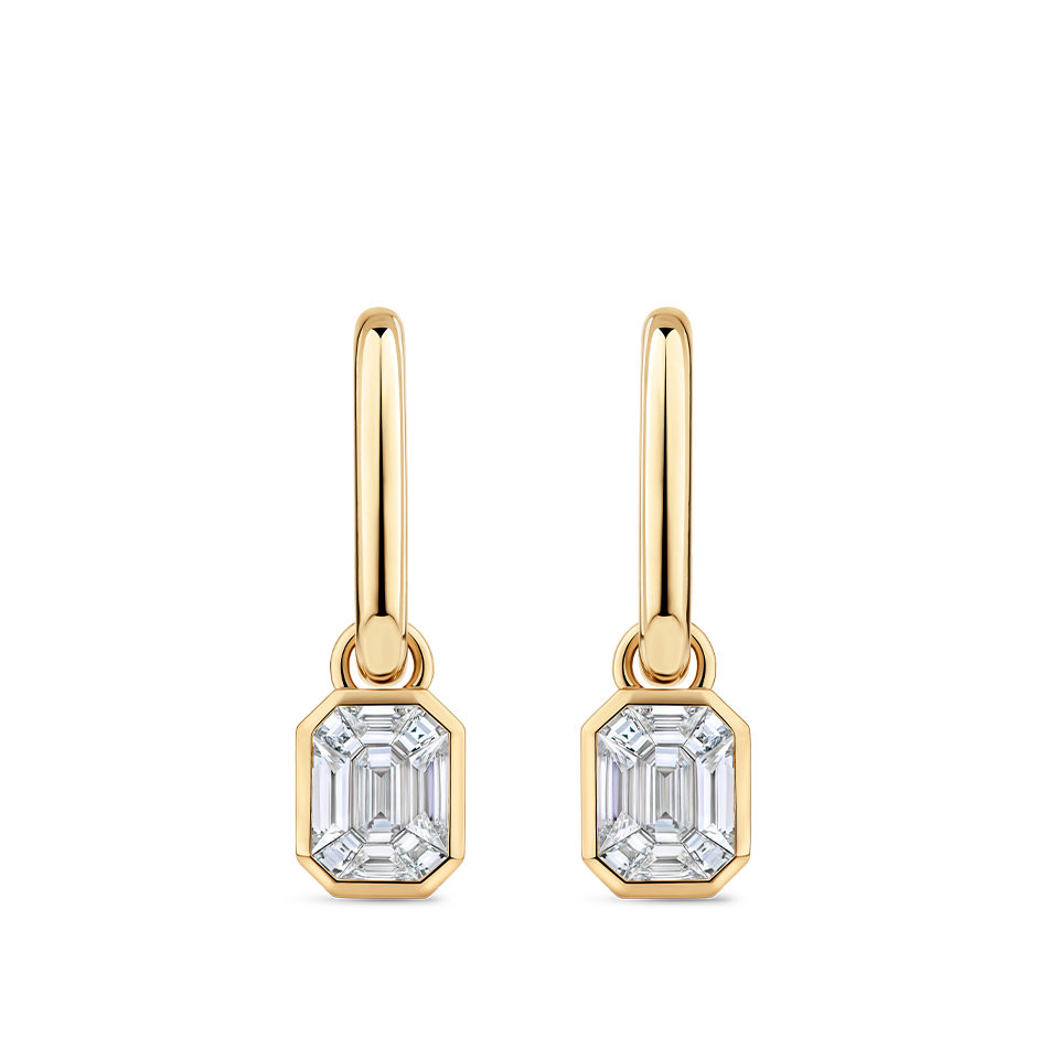 Multi-set Emerald Shape Diamond Drop Earrings made in 18ct Yellow Gold in a Bezel Setting Hardy Brothers Jewellers