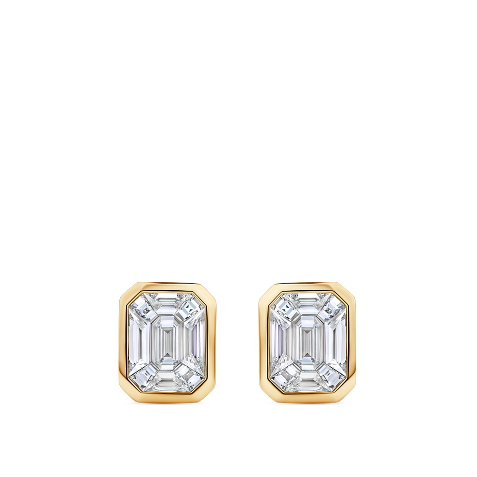 Multi-set Emerald Shape Diamond Stud Earrings in made 18ct Yellow Gold in a Bezel Setting Hardy Brothers Jewellers
