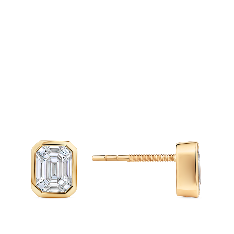 Multi-set Emerald Shape Diamond Stud Earrings in made 18ct Yellow Gold in a Bezel Setting Hardy Brothers Jewellers